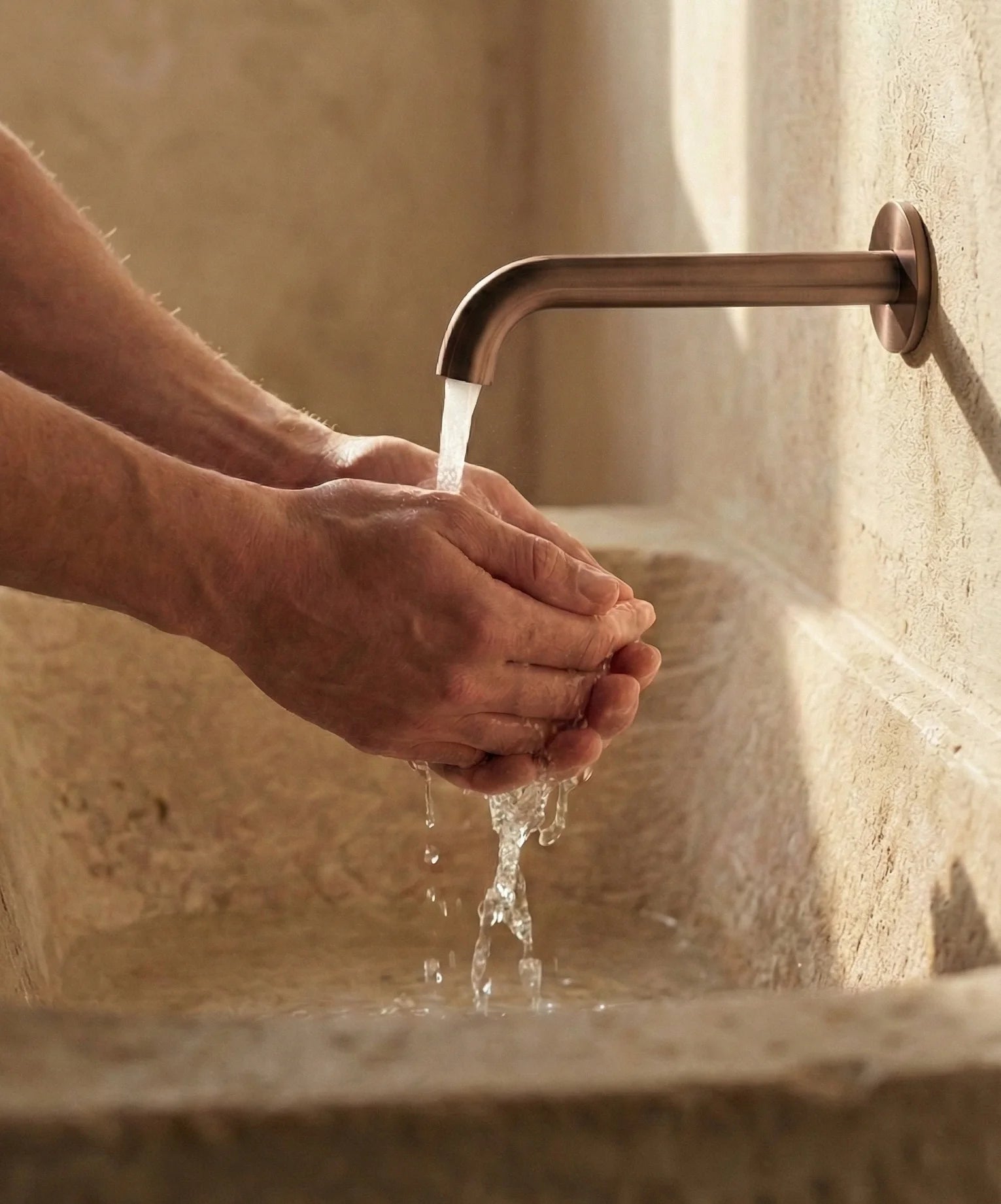 Faeora model washing hands under a bronze faucet in a stone sink.