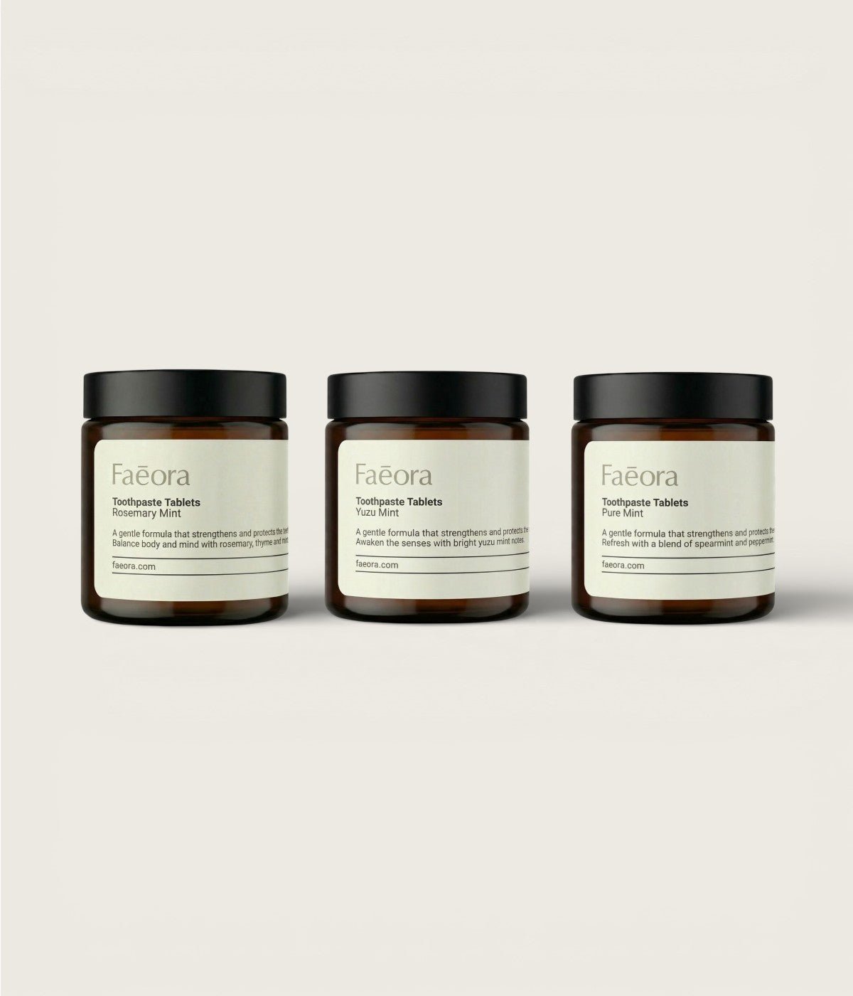 Three  different flavors jars of Faeora products on a light gray background
