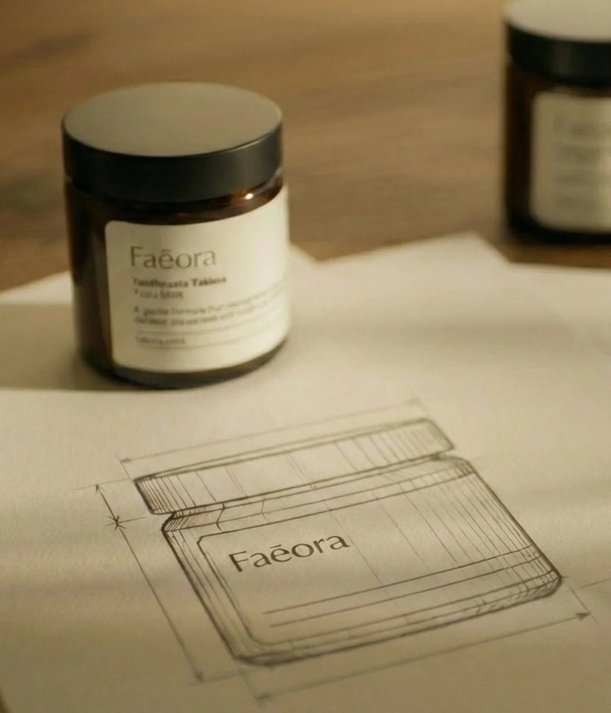 Faeora jar on a surface with a design sketch of the same jar.